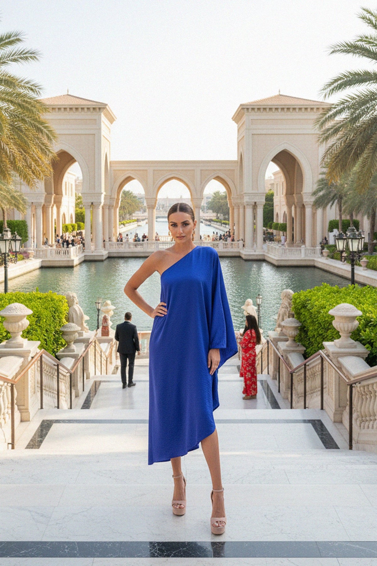 Blue one shoulder sexy midi dress in silk with asymmetric neckline