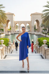 Blue one shoulder sexy midi dress in silk with asymmetric neckline