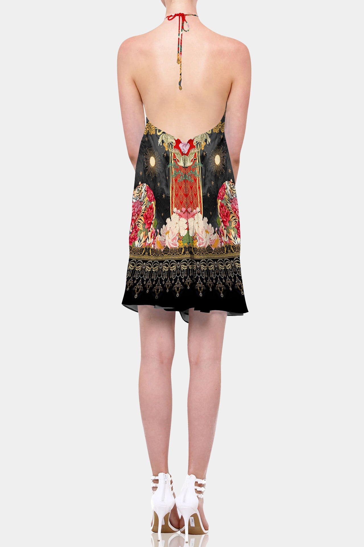 Animal print red convertible mini dress with plunge criss-cross neckline