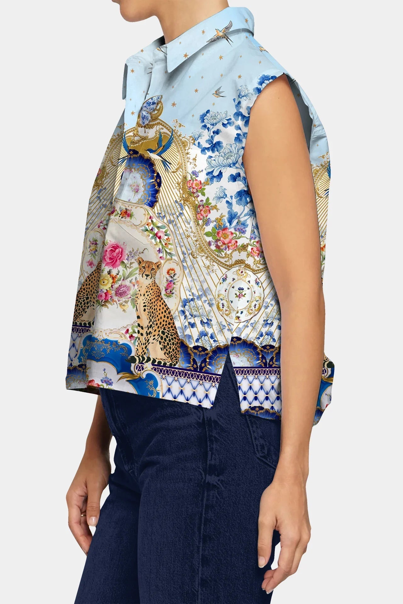Blue Sleeveless Cute Print Shirts
