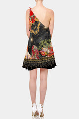 Animal print red convertible mini dress with plunge criss-cross neckline
