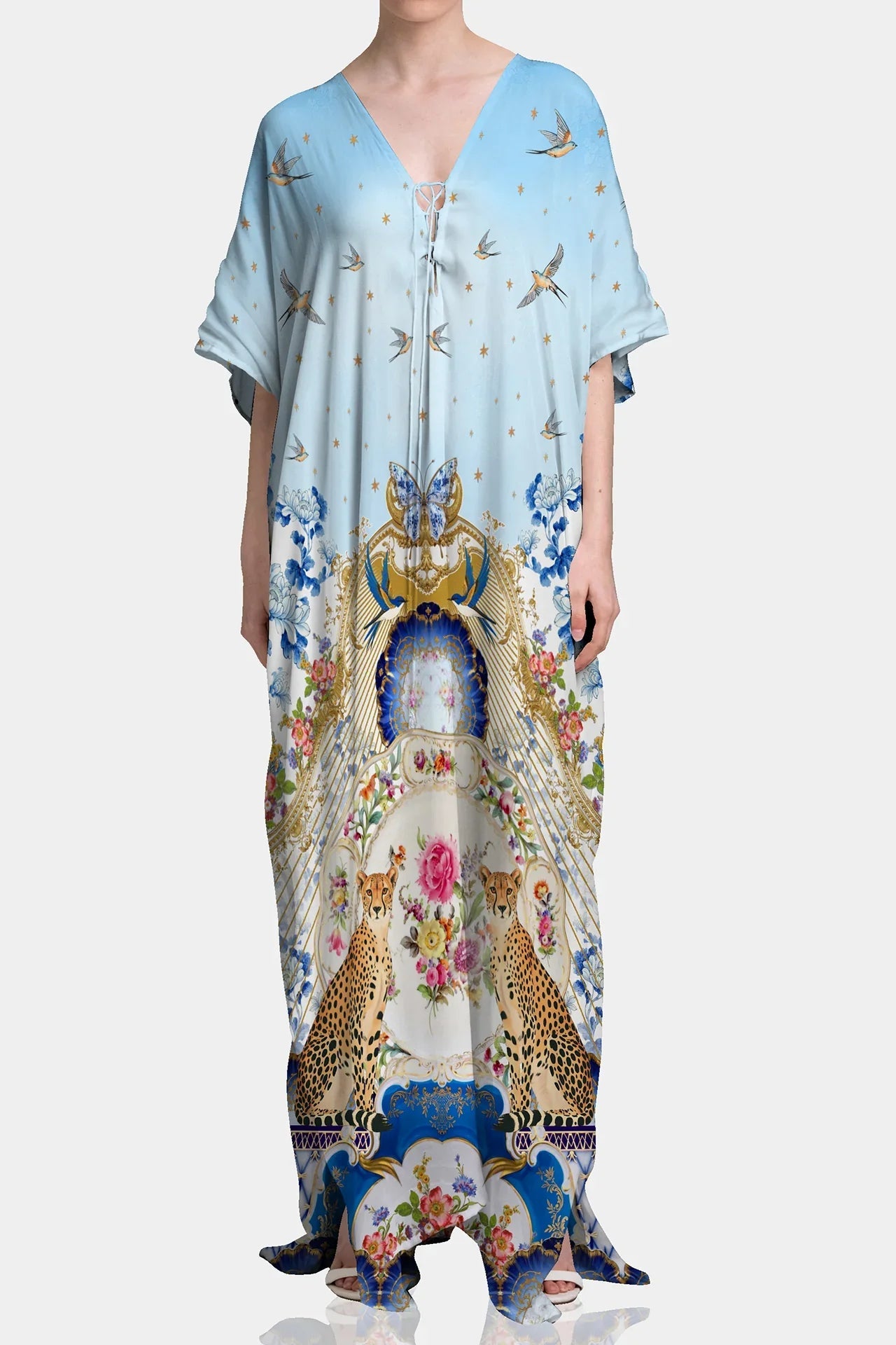 Blue Romanticism Print Viscose Silk Convertible Kaftan