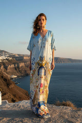 Blue Romanticism Print Viscose Silk Convertible Kaftan