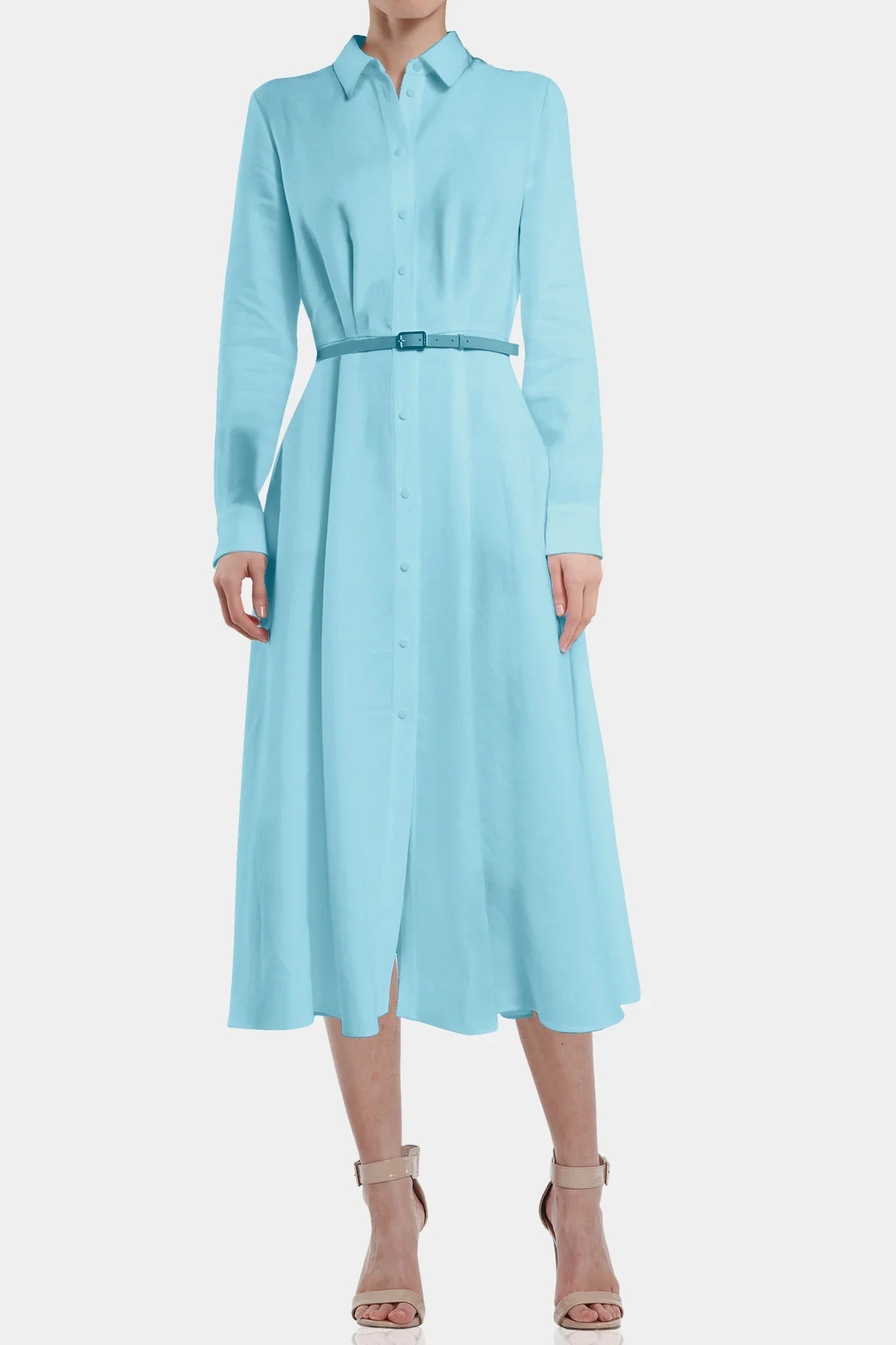 Aqua Blue Belted Midi Shirt Dress