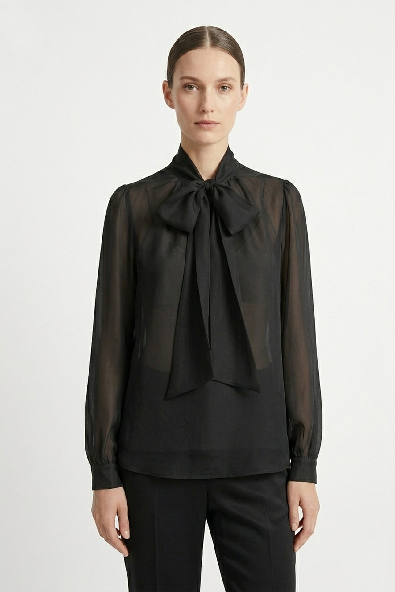 Black Sheer Organza Tie Neck Shirt