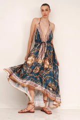 Blue Grey Baroque Scarf Print Halter Maxi Dress