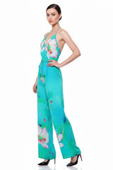 Backless Floral Print Jumpsuit In Green Envy