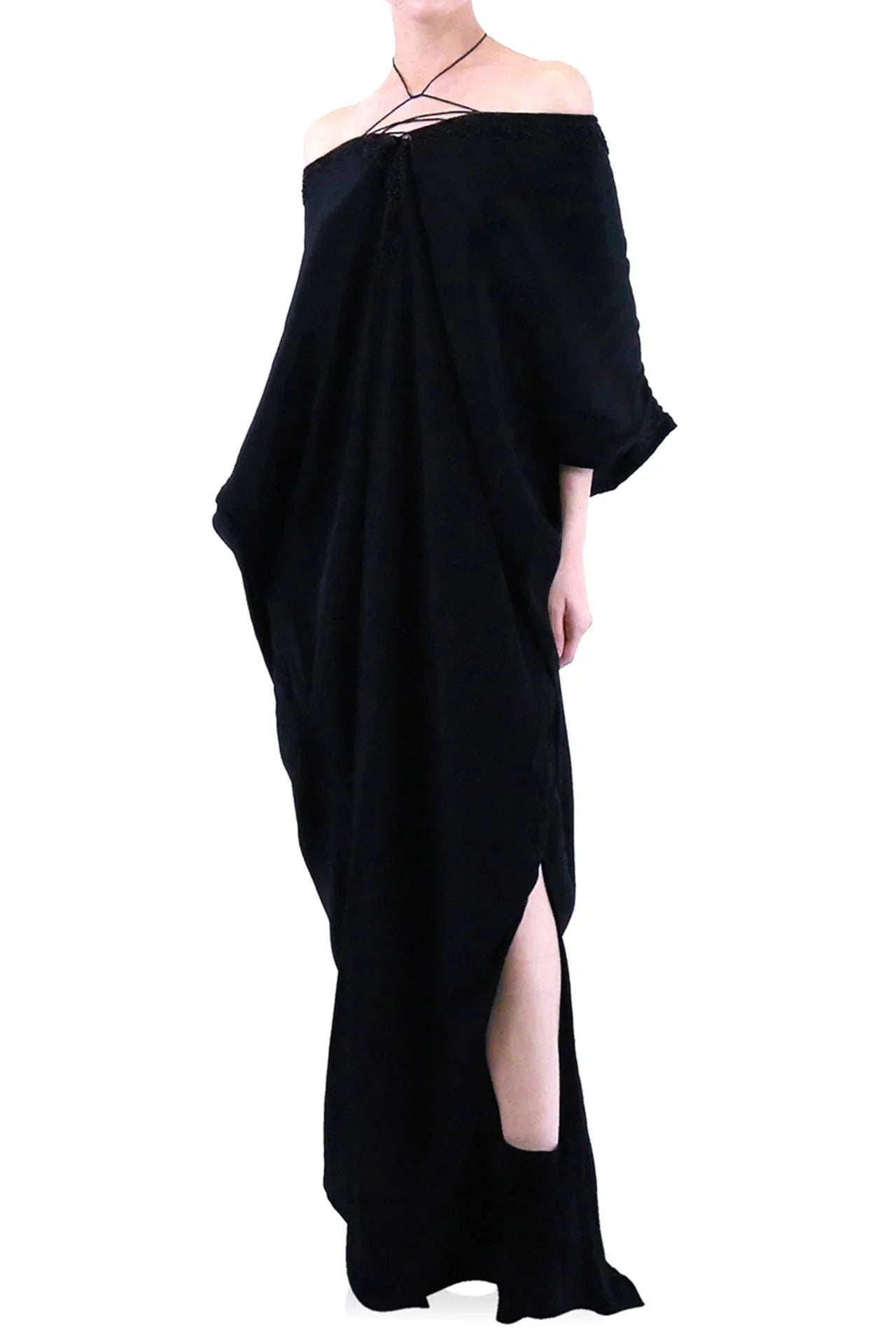 Black Lace-Up V-Neck Kaftan Maxi Dress