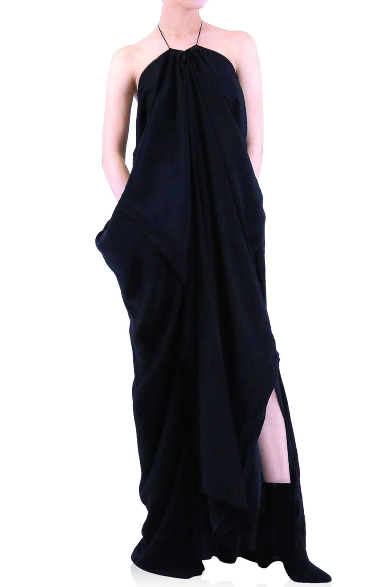 Black Lace-Up V-Neck Kaftan Maxi Dress