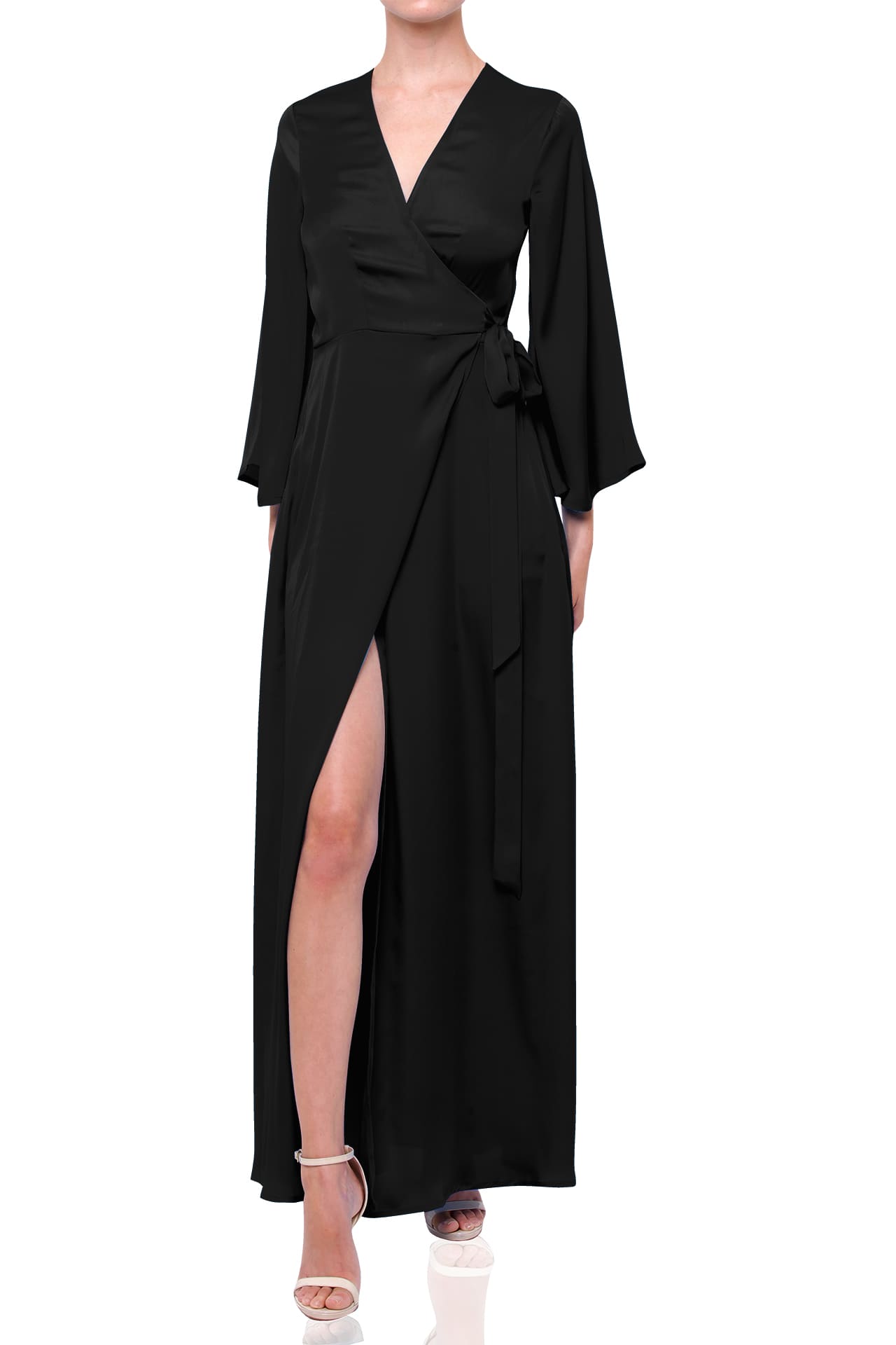 Black Satin Wrap Bridesmaid Dress – Elegant Maxi Bridal Party Dress by Shahida