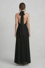 Black Halter V-Neck Chiffon Bridesmaid Maxi Dress – Floor Length Formal Gown
