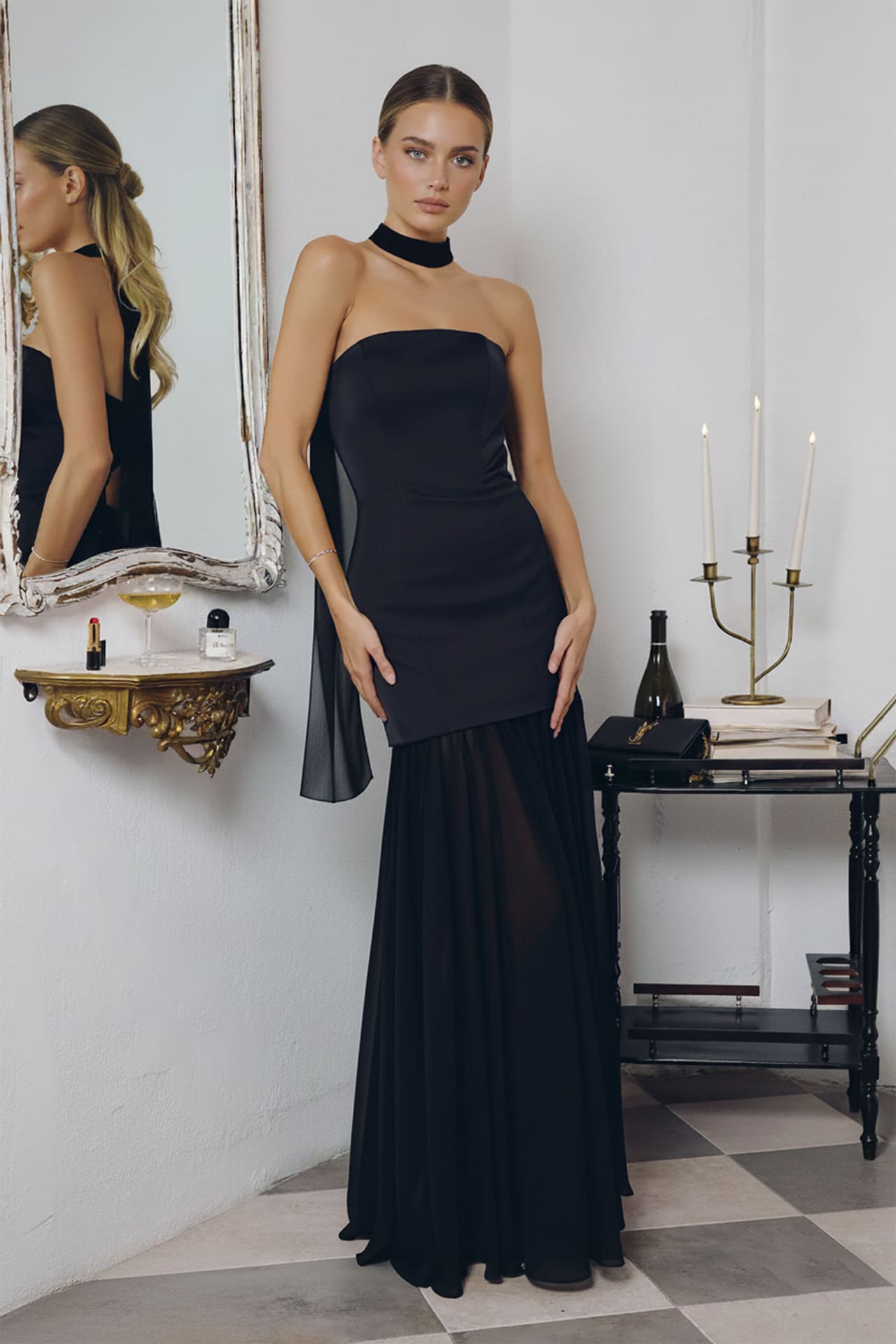 Black Strapless Satin Maxi Dress with Neck Scarf