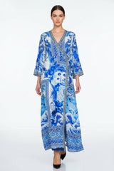 Blue Printed Wrap Maxi Dress with Long Sleeves