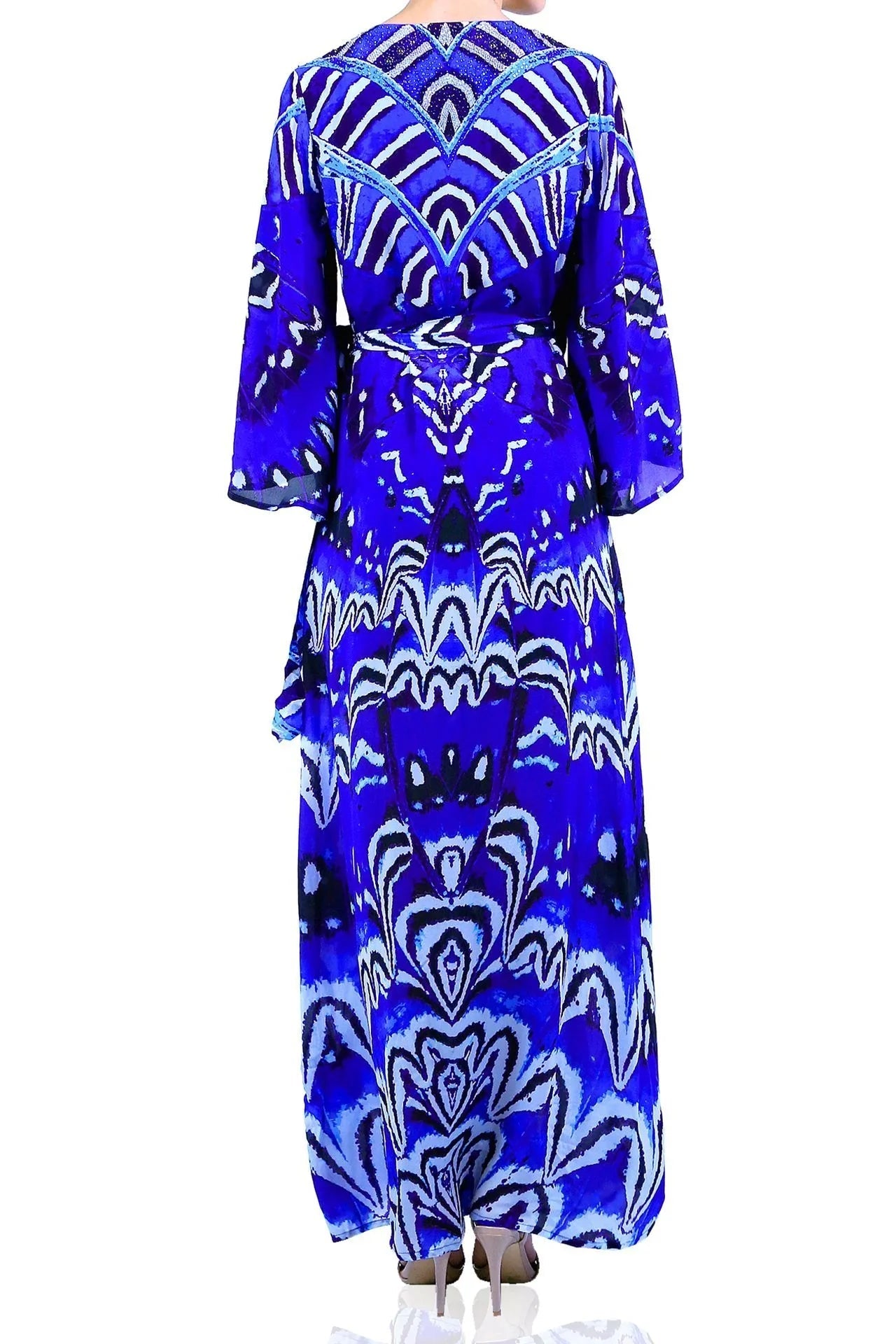 Blue Printed Wrap Maxi Dress with Long Sleeves