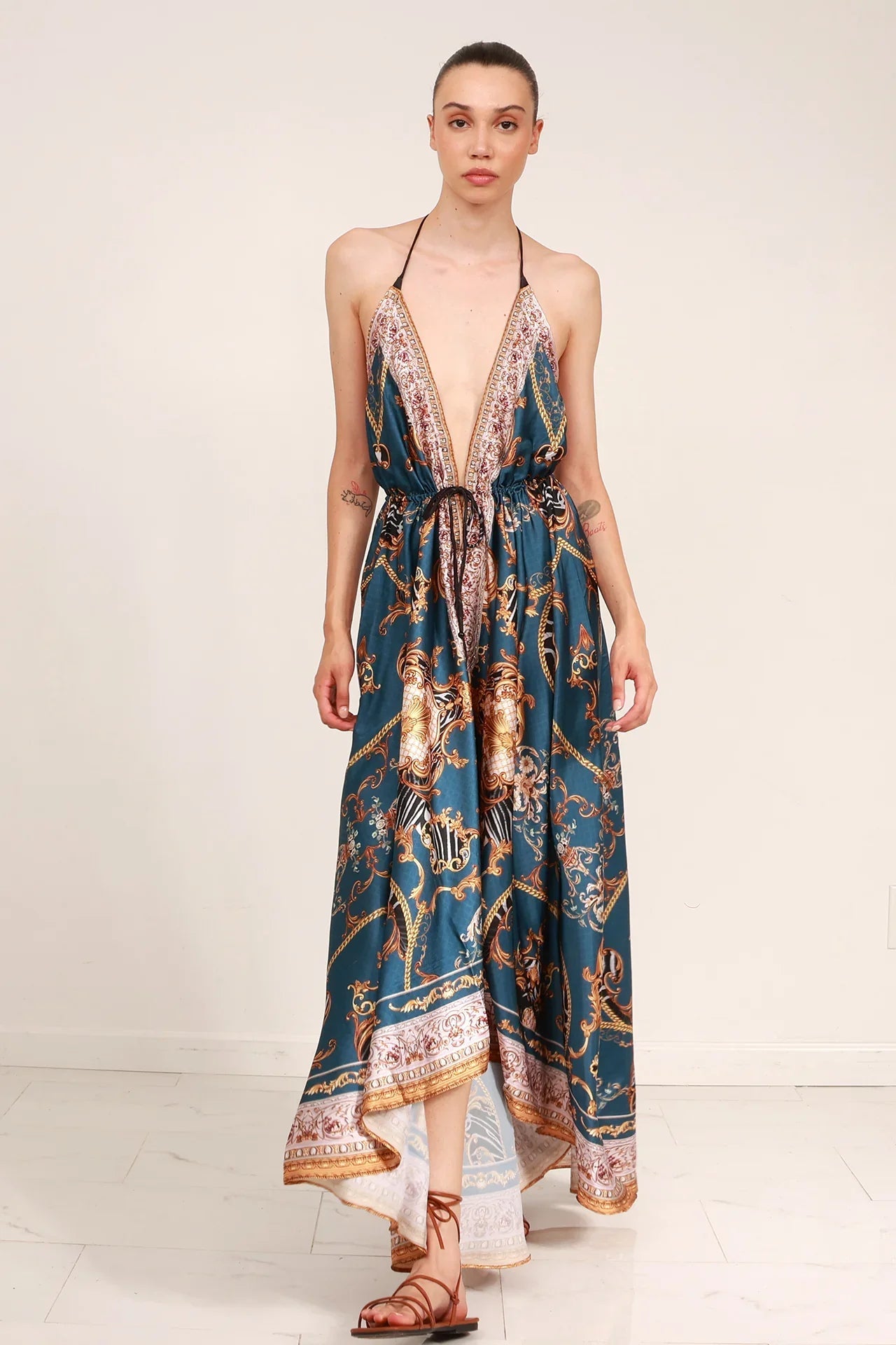Blue Grey Baroque Scarf Print Halter Maxi Dress