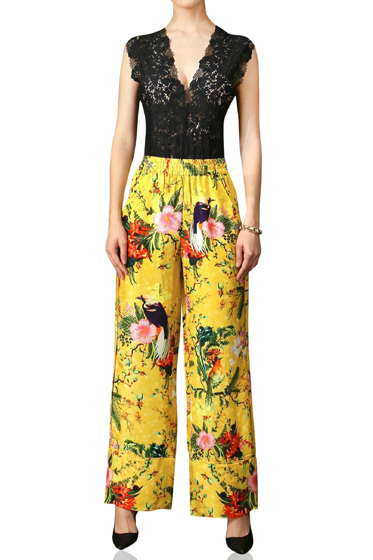 Bird Print Straight Leg Pants- Mellow Yellow