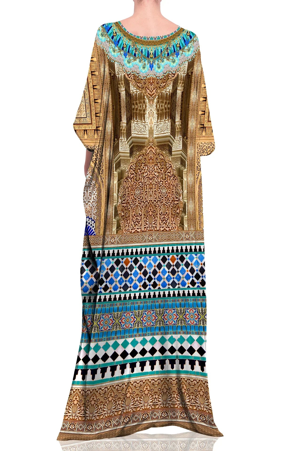 Blue & Gold Moroccan Palace Print Kaftan Maxi Dress