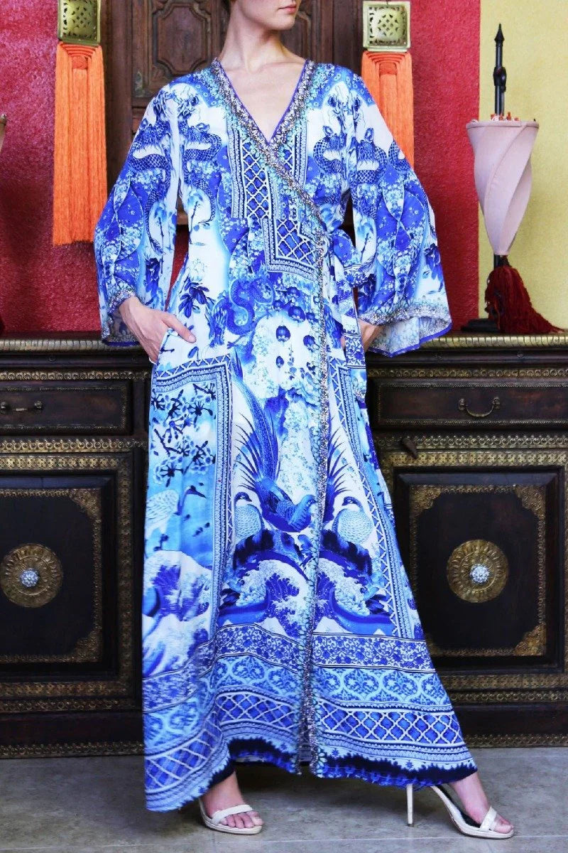 Blue Printed Wrap Maxi Dress with Long Sleeves