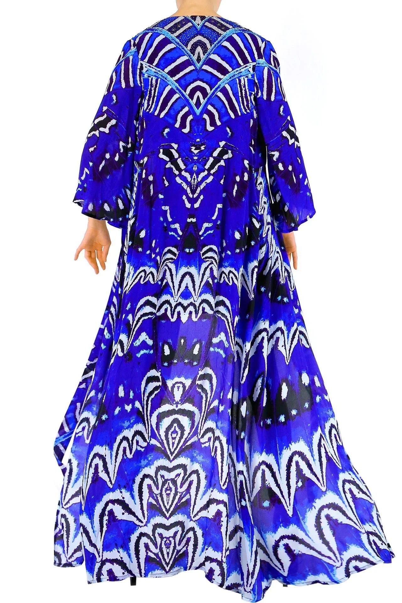 Blue Printed Wrap Maxi Dress with Long Sleeves