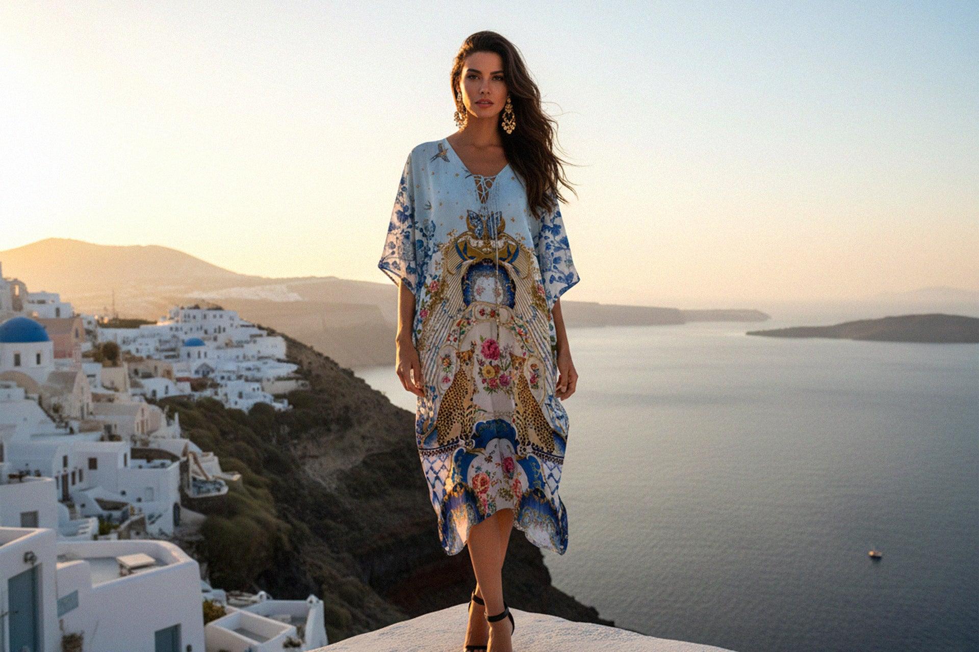 Blue Romanticism Print Knee-Length Convertible Kaftan