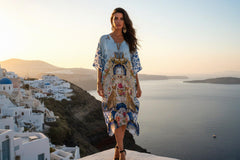 Blue Romanticism Print Knee-Length Convertible Kaftan