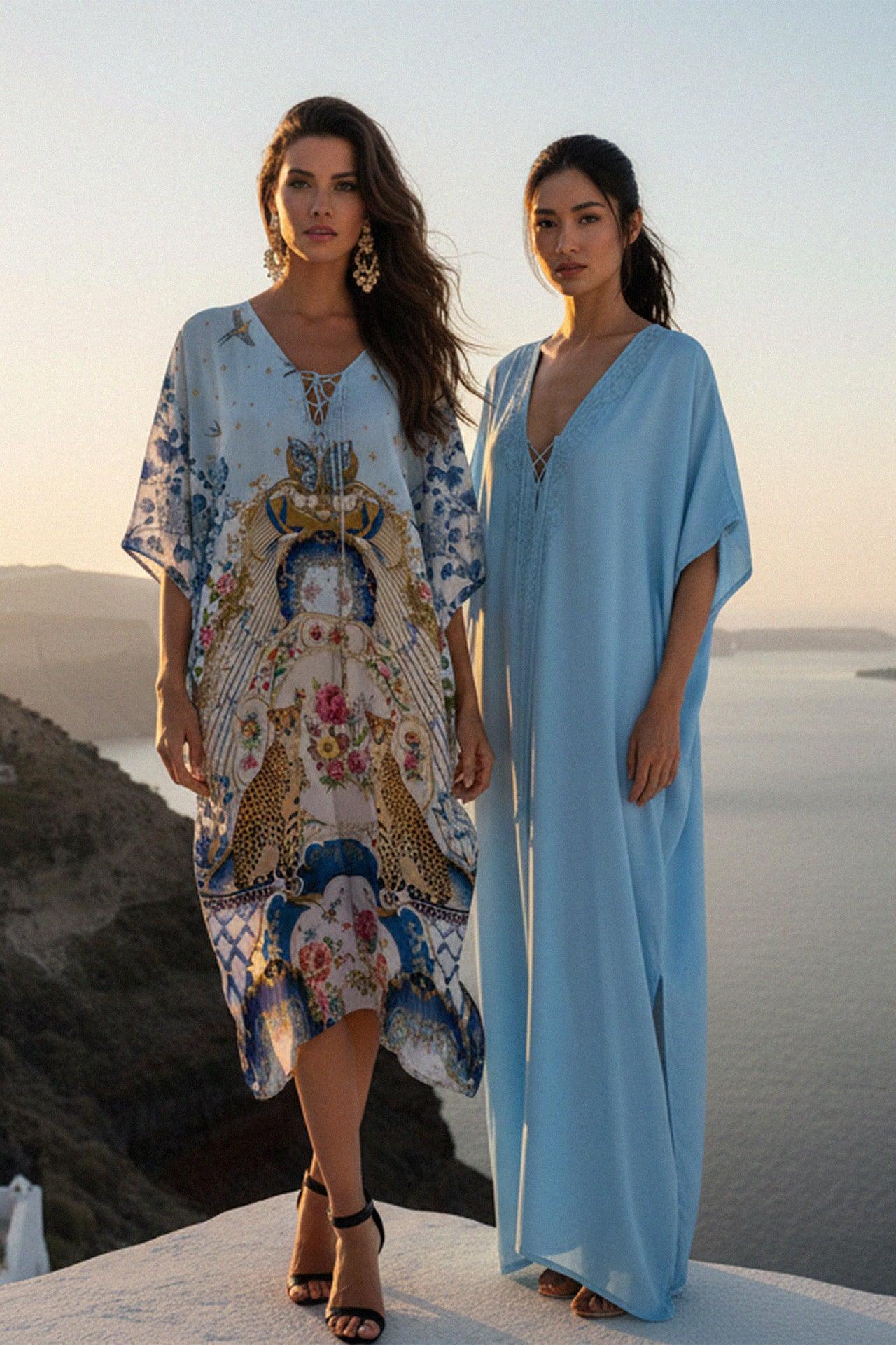 Blue Romanticism Print Knee-Length Convertible Kaftan