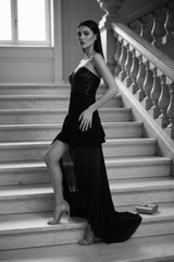 Black Sequin Hi-Low Asymmetric Backless Evening Dress