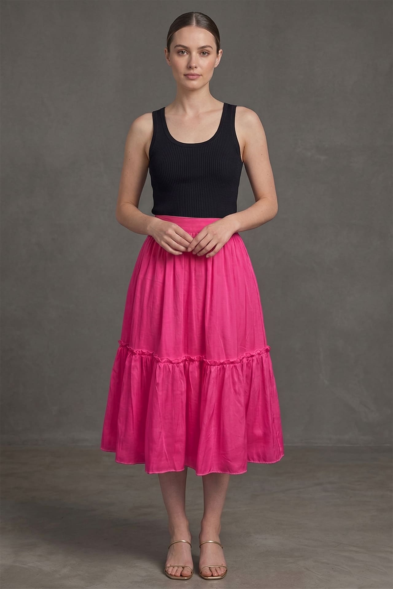 Barbie Pink Satin Midi Skirt with Ruffle Hem