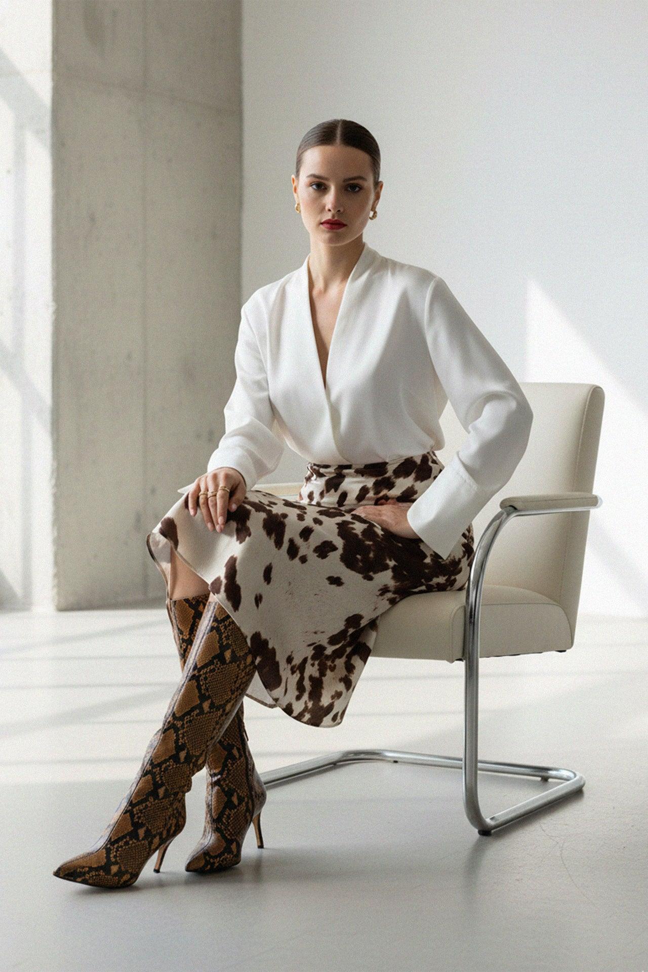 Animal Print Creme Souffle Midi Skirt For Women