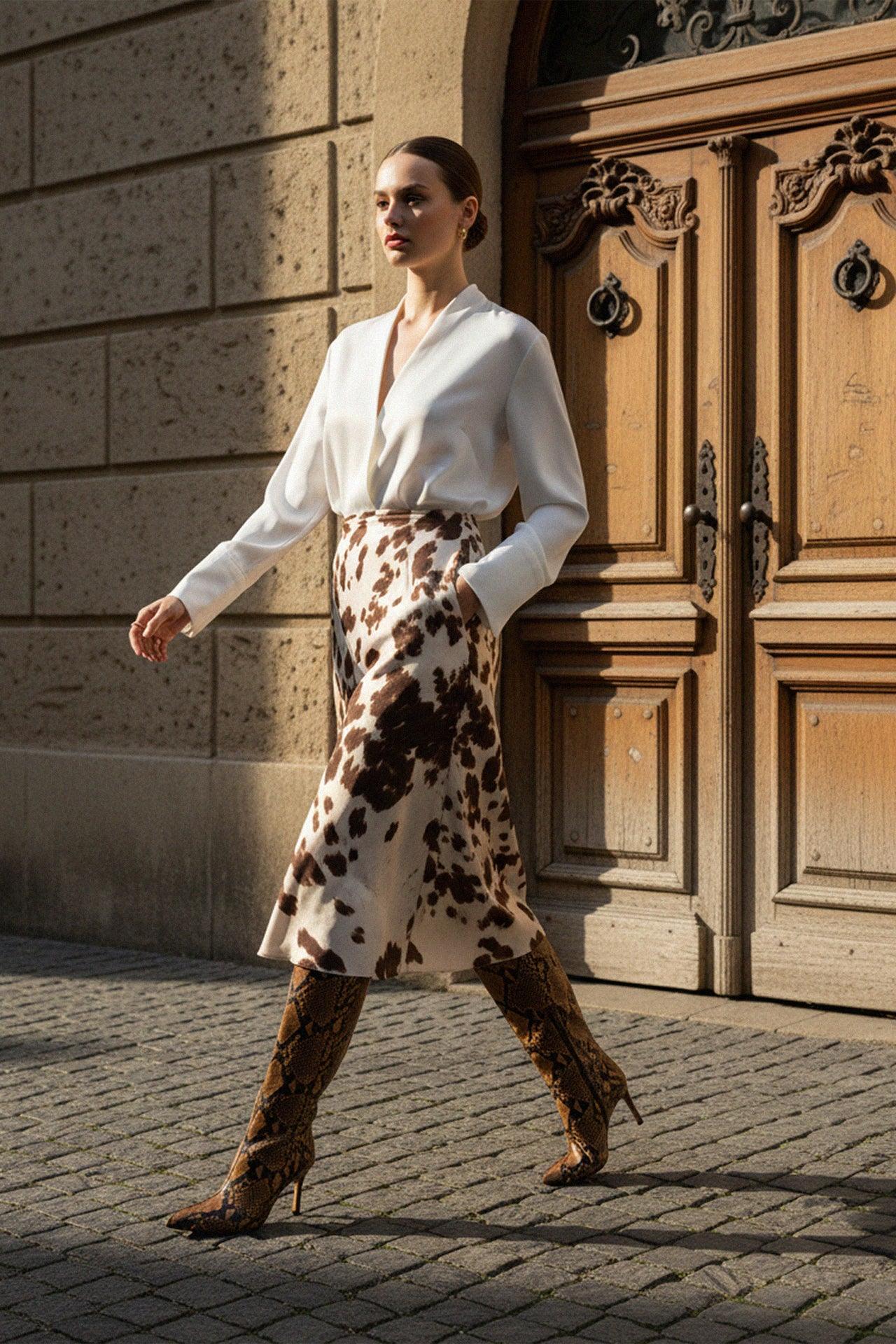 Animal Print Creme Souffle Midi Skirt For Women