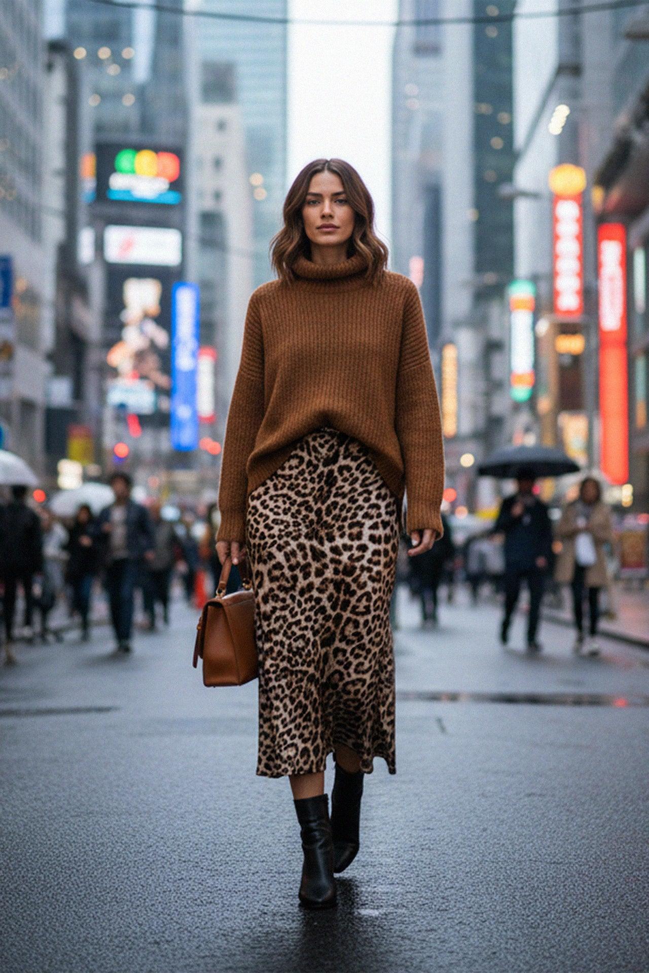 Animal Print Satin Silk Midi Skirt