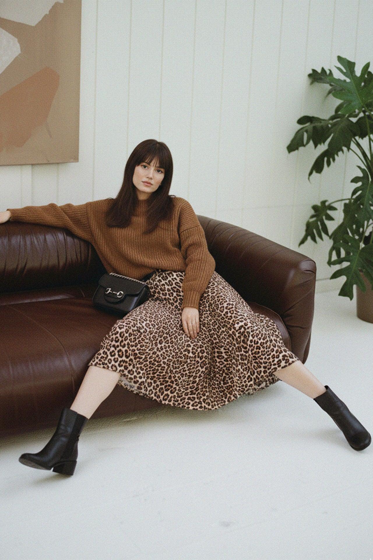 Animal Print Satin Silk Midi Skirt