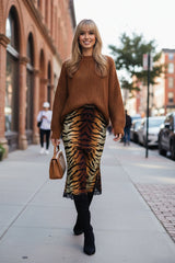 Animal Print Midi Lace Trim Skirt