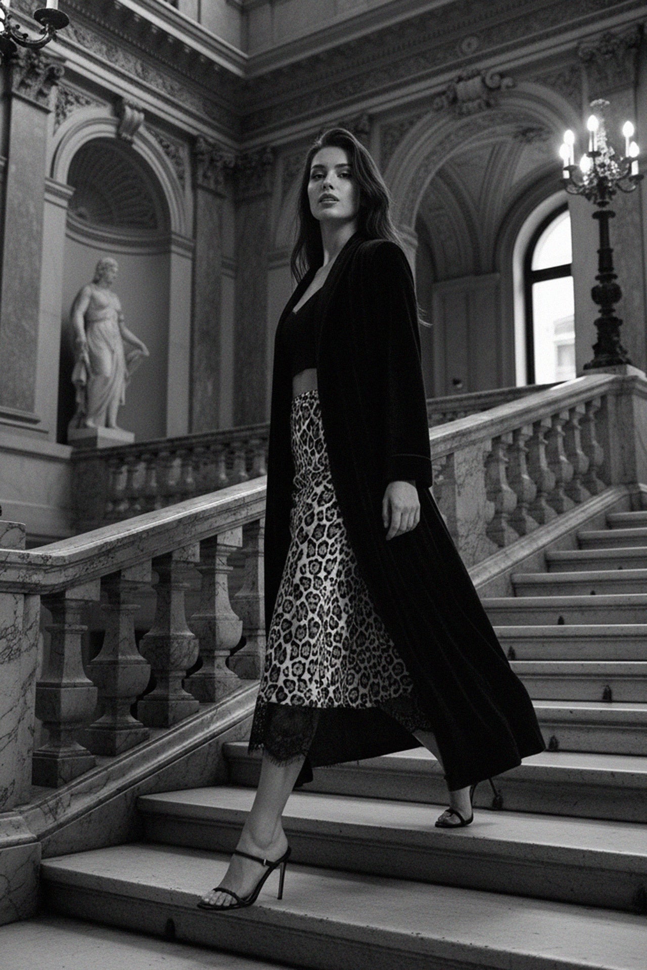 Animal Print Lace Hem Midi Skirt