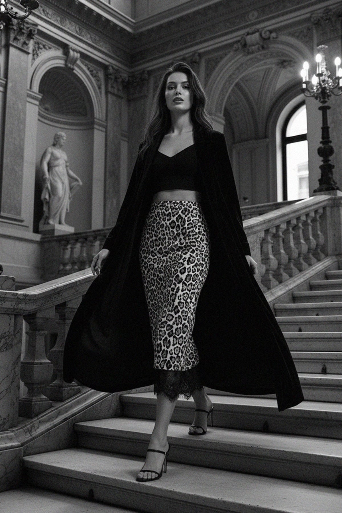 Animal Print Lace Hem Midi Skirt