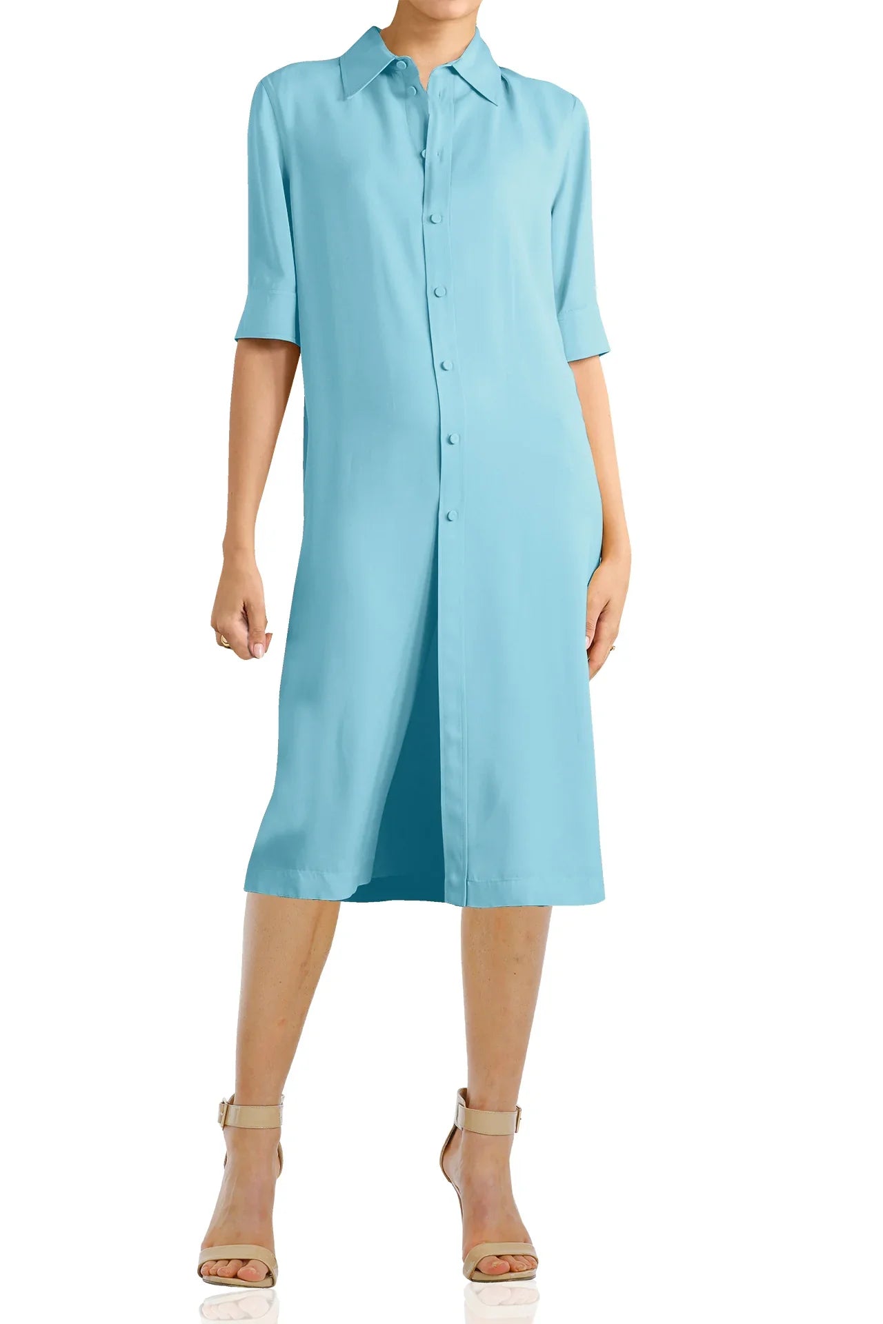 Aqua Long Sleeve Midi Shirt Dress