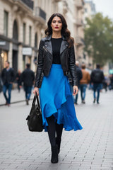Azure Satin Silk Ruffle Wrap Skirt
