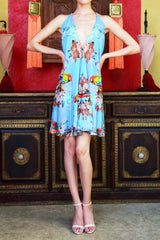 Bird Print Light Blue Dress Mini