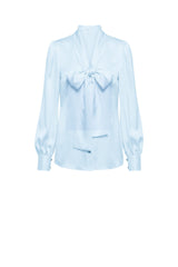 Blue Scarf Tie Neck Satin Blouse