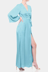 Aqua Blue Satin Wrap Maxi Dress with Slit – Long Sleeve Evening Dress