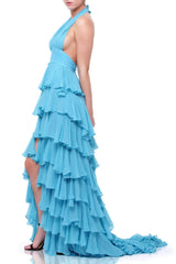 Blue Ruffle Long Halter Neck Maxi