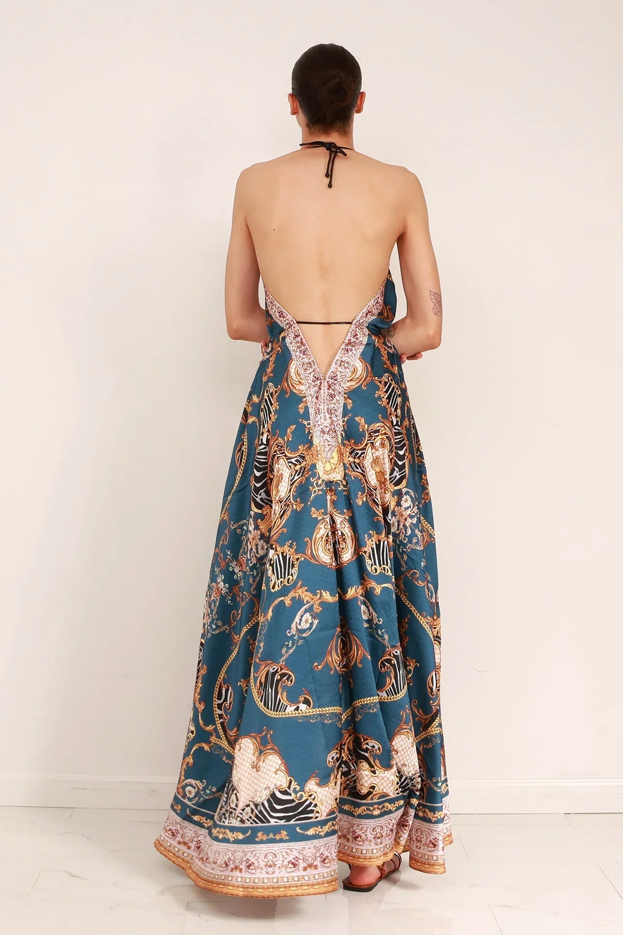 Blue Grey Baroque Scarf Print Halter Maxi Dress