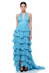 Blue Ruffle Long Halter Neck Maxi