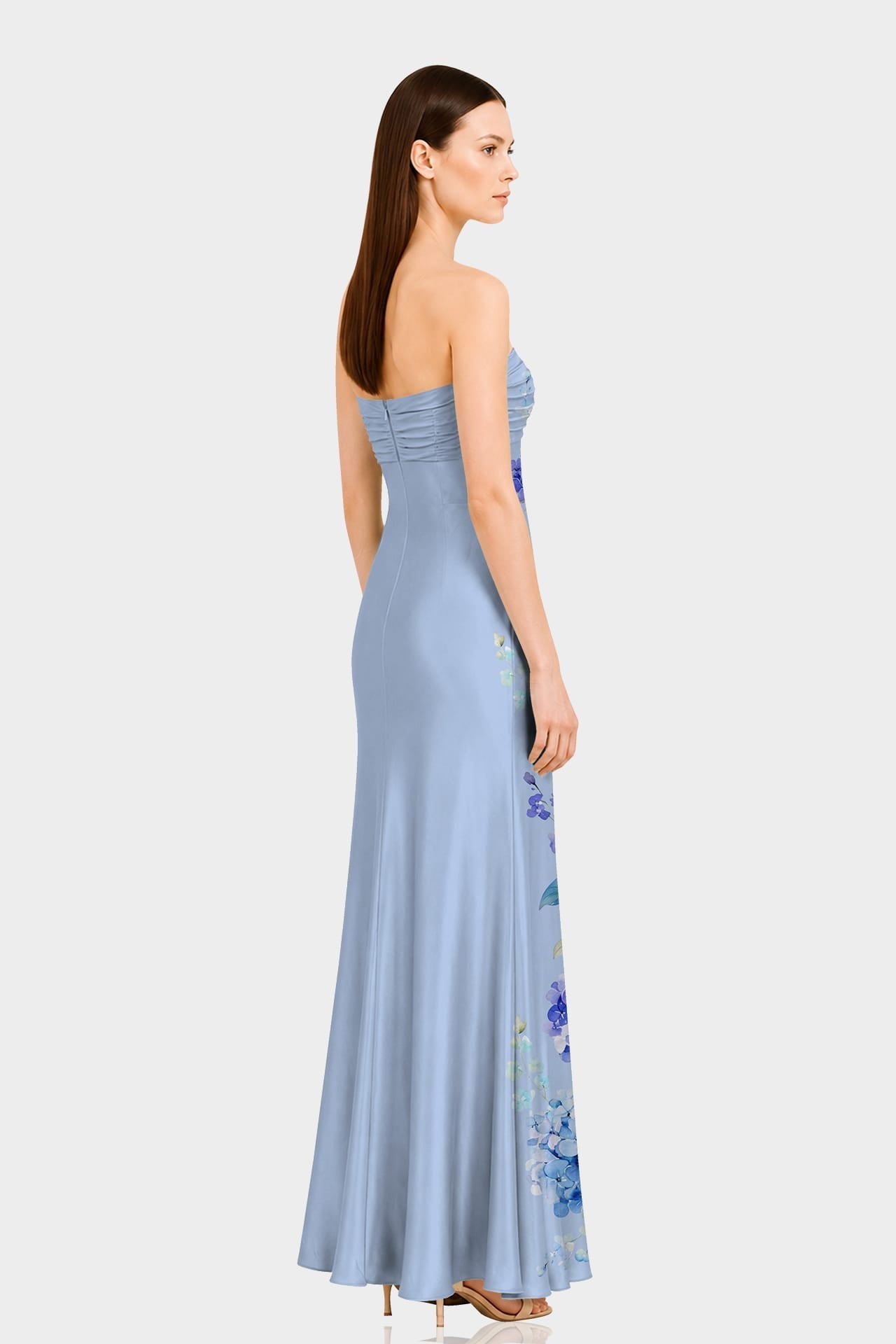 Blue Floral Print Strapless Satin Maxi Dress