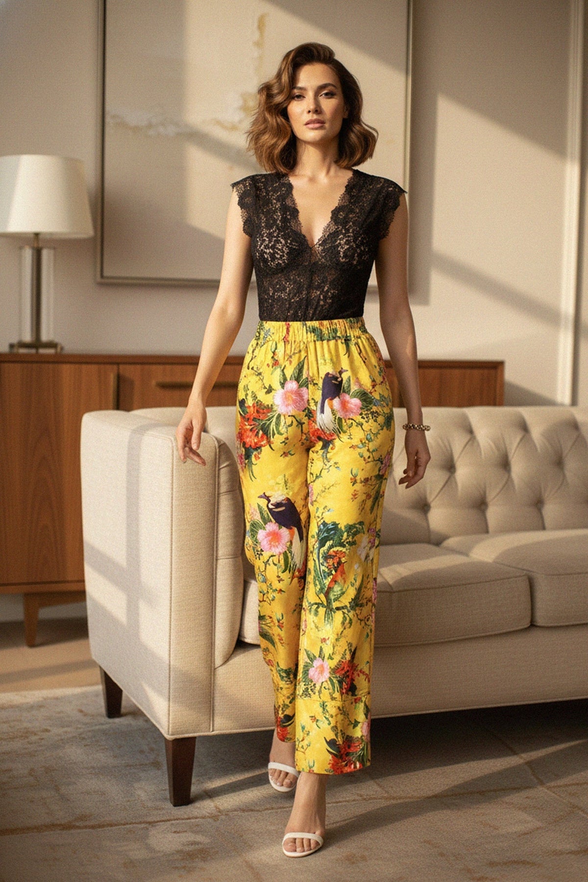 Bird Print Straight Leg Pants- Mellow Yellow