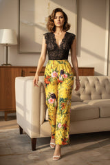 Bird Print Straight Leg Pants- Mellow Yellow
