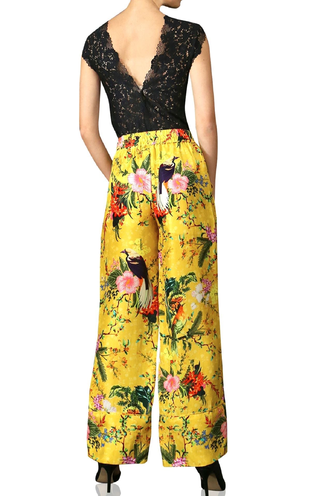 Bird Print Straight Leg Pants- Mellow Yellow