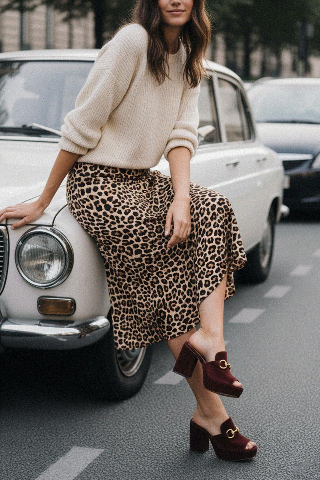 Animal Print Brown Mid Length Pencil Skirt