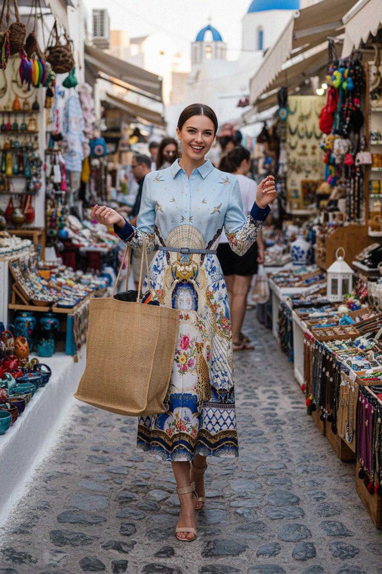 Blue Long Sleeve Midi Shirt Dress