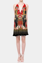 Animal print red convertible mini dress with plunge criss-cross neckline